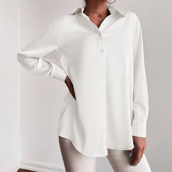 . Tops - White Preppy Womens Button Up Solid Shirt